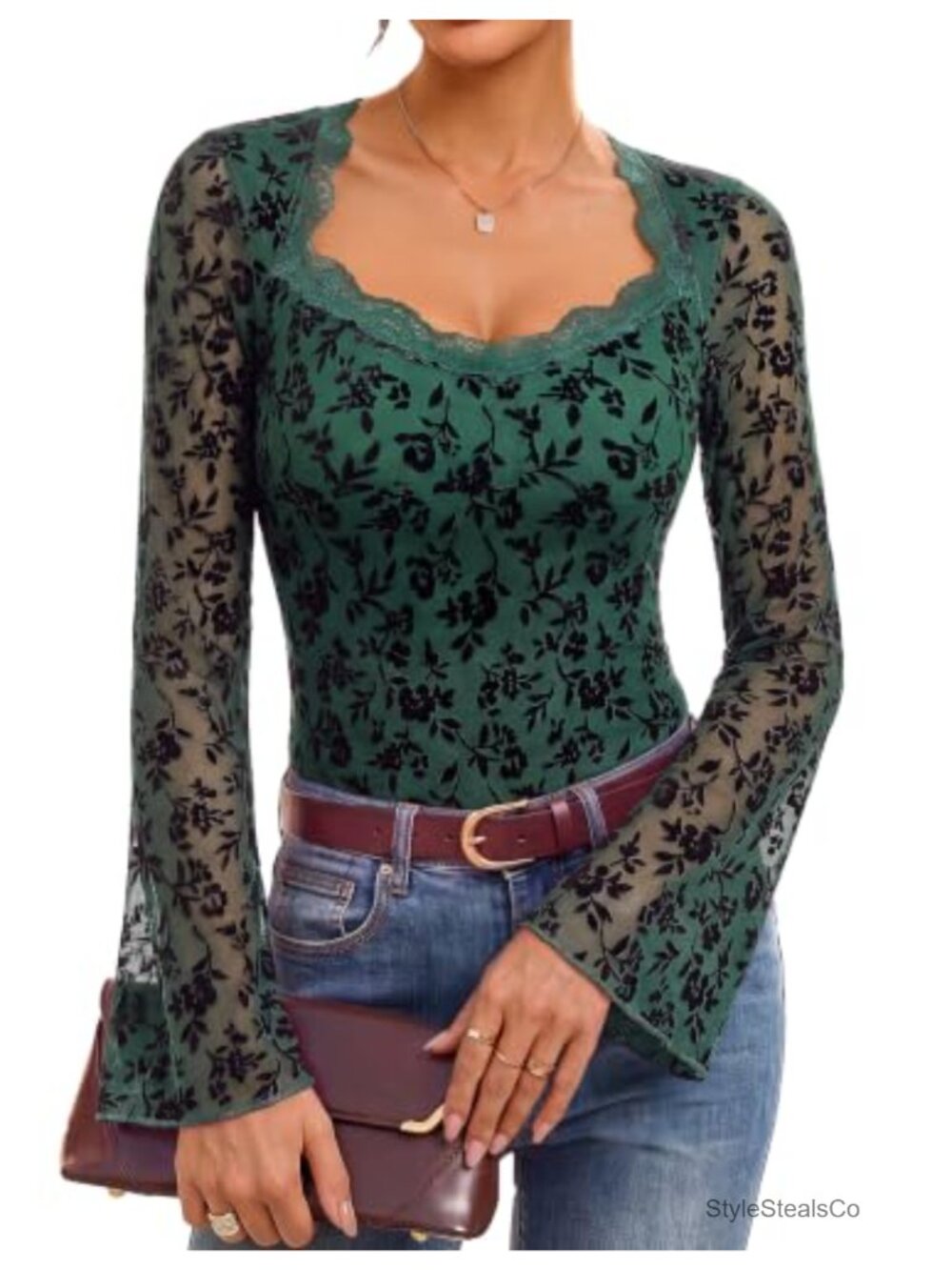 Women's Mesh Long Sleeve Lace Square Neck Bell Sleeve Blouse